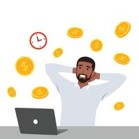 Young Happy businessman with laptop get money . Online income commerce business man. vector
