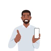 Happy young man showing phone and showing thumbs up or like sign. Mobile phone technology concept. vector