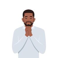 Young black man holding hands praying and making worship, religious concept. vector