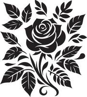 decorative rose with leaves, black color silhouette vector