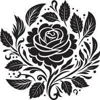 decorativo Rosa con hojas, negro color silueta vector