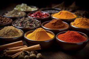 A captivating spread of diverse spices on a rustic textured backdrop photo