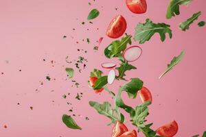 Fresh arugula, lettuce, radish, tomato salad ingredients on vibrant pink background photo