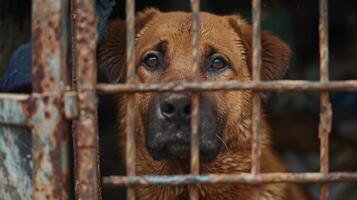 Lonely stray dog in shelter cage abandoned, hungry, and hopeful behind rusty bars photo