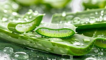 Close up of fresh aloe vera leaves with dewdrops green and vibrant, rich in moisture photo