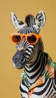 Fashionable zebra in orange sunglasses and colorful hawaiian shirt, exuding style photo