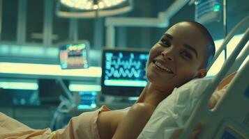sonriente calvo mujer en hospital cama, espacio para texto cáncer paciente s positivo momento foto