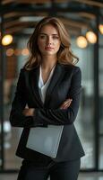 Confident businesswoman in suit holding tablet with copyspace on blurred background photo