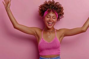 Confident woman dancing on pastel background, creating space for meaningful text placement photo