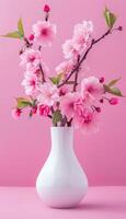 Stylish pink cherry blossoms in white vase on soft background with space for text placement photo