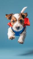 juguetón perrito en superhéroe disfraz volador con Copiar espacio, adorable en pastel antecedentes foto