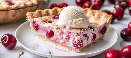 Delicious homemade cherry desserts cake with vanilla ice cream and pie with melting scoop photo