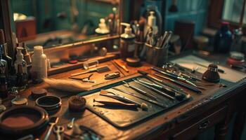 Trendy hairdressing tools on a wooden table in a stylish and modern salon atmosphere photo