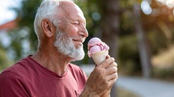 Senior man savoring ice cream in park, with blurred cityscape background, ideal for text placement photo