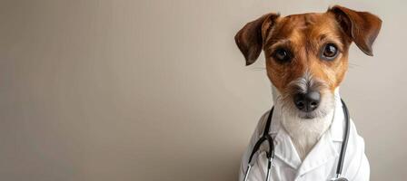 Canine in medical attire dog dressed as healthcare professional on soft gradient backdrop photo