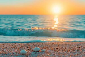 Tranquil panoramic sea sand beach at sunset inspiring tropical seascape horizon in golden light photo