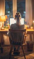 Young woman creating social media content on desktop computer at office desk for online platforms photo