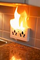 Electrical socket ablaze, presenting a severe fire hazard, dangerously burning on the wall photo