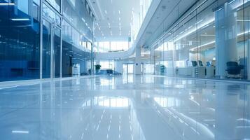 Sleek modern office interior featuring glass partition and elegant white flooring design photo