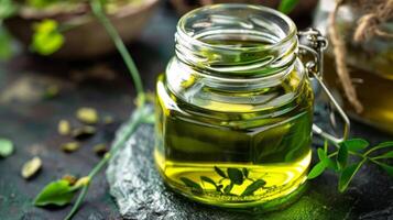 A glass jar of bright green cooking oil made from moringa seeds a superfood with a specialized extraction process for a nutrientpacked oil adding a healthful boost to any dish photo