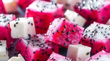 A taste of the exotic on a charerie board featuring creamy coconut yogurt sweet dragonfruit and chunks of tangy feta cheese photo