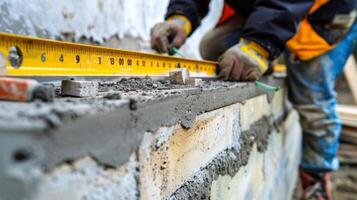 A closeup of workers using a level and measuring tape to ensure the wall is being built at the correct angle photo