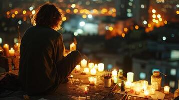 un local artista sentado en el borde de el techo rodeado por velas y su pintura suministros. 2d plano dibujos animados foto