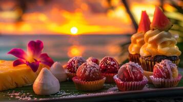 A feast for the eyes and palate as colorful and flavorful tropical desserts like pineapple upsidedown cupcakes and coconut rum balls are sad against a backdrop of a vibrant sunset photo