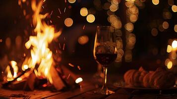 A bonfire crackling nearby providing both warmth and a cozy element to the romantic dinner photo