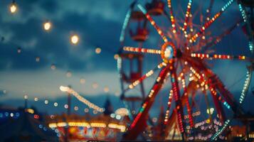 The ferris wheel and other rides come to life as the ling lights illuminate the darkening sky giving the fair an enchanting and magical ambiance photo