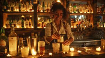 A lively instructor stands behind the bar effortlessly pouring stirring and shaking tails while surrounded by the warm glow of candlelight. 2d flat cartoon photo