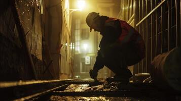 In a quiet alleyway illuminated only by the dim light of a single street lamp a construction worker quietly hammers away at a set of steel beams photo