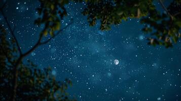 un maravilloso ver de el noche cielo encima punteado con estrellas y un lleno Luna. 2d plano dibujos animados foto