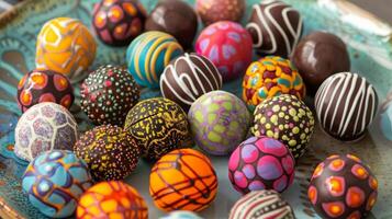 A plate of handpainted truffles each one resembling a miniature work of art with vibrant colors and intricate patterns photo