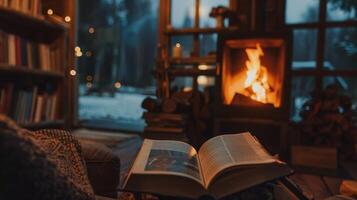 el chicharrón fuego proporciona el Perfecto ambiente para un tranquilo noche de leyendo lejos desde el caos de diario vida. 2d plano dibujos animados foto