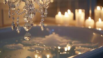 A crystal chandelier hangs above the tub reflecting the flickering candlelight and adding a touch of opulence to the scene photo