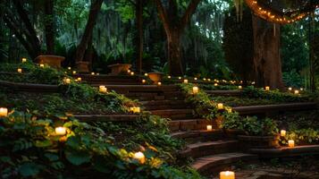 The gentle glow of candles dances on the lush greenery surrounding the amphitheater. 2d flat cartoon photo