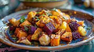 A colorful plate of roasted root vegetables including taro yams and cassava drizzled with a tangy pineapple and ginger glaze photo