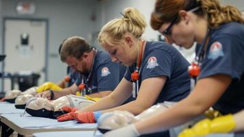 Workers practice using AED devices on CPR dummies learning how to properly assess for cardiac arrest and deliver lifesaving shocks photo