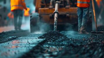 Workers carefully use shovels and rakes to smooth out any imperfections before the machine covers them with more hot asphalt photo