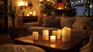 el suave ligero de el velas crea un acogedor y atractivo espacio para invitados a disfrutar el música. 2d plano dibujos animados foto