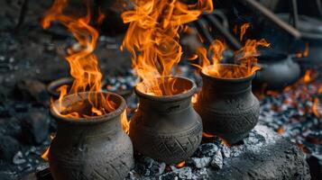 The flames lick at the sides of the carefully crafted pots leaving behind a trail of black soot as they continue to burn. 2d flat cartoon photo