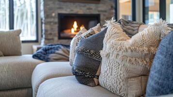 Overstuffed throw pillows in a variety of textures and patterns adorned the plush couches forming the ideal spot to curl up and relax in front of the fireplace. 2d flat cartoon photo