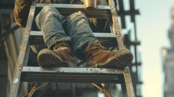 un construcción trabajador sentado en un escalera tomando un descanso y disfrutando el calentar bebida foto