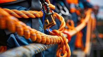 A closeup of a harness and rope system designed to protect workers from falls while working at heights photo