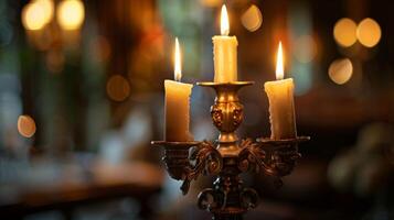 un amable fuego ardiente encima un Clásico candelabro agregando un eterno toque a el íntimo ajuste. 2d plano dibujos animados foto