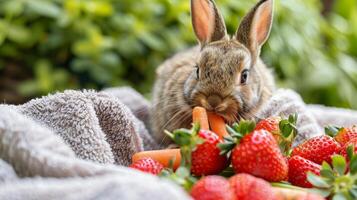 A bunny nibbling on a platter of fresh strawberries and carrot sticks as it relaxes in a soft warm towel wrap photo