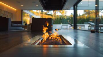 Warm orange flames flicker inside the sleek glass walls of the contemporary fireplace. 2d flat cartoon photo