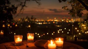 el le de ciudad luces danzado en el distancia como el fuego desde el velas creado un calentar y atractivo atmósfera. 2d plano dibujos animados foto