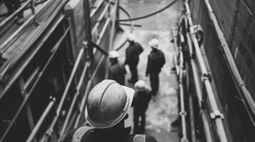 trabajadores Mira arriba a el capataz para Guia y dirección como él guías ellos mediante cada paso de el proyecto foto